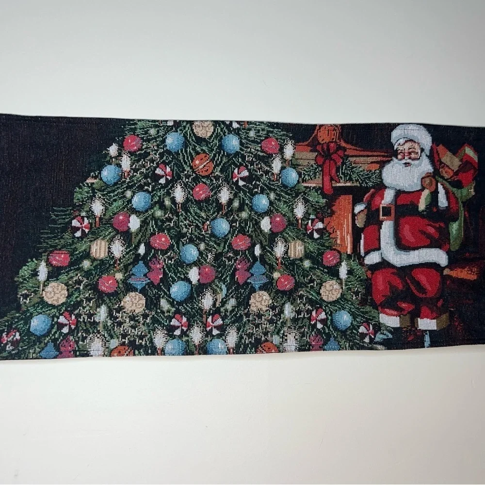 Christmas Santa Table Runner Christmas Tree Needlepoint Style 72”Long